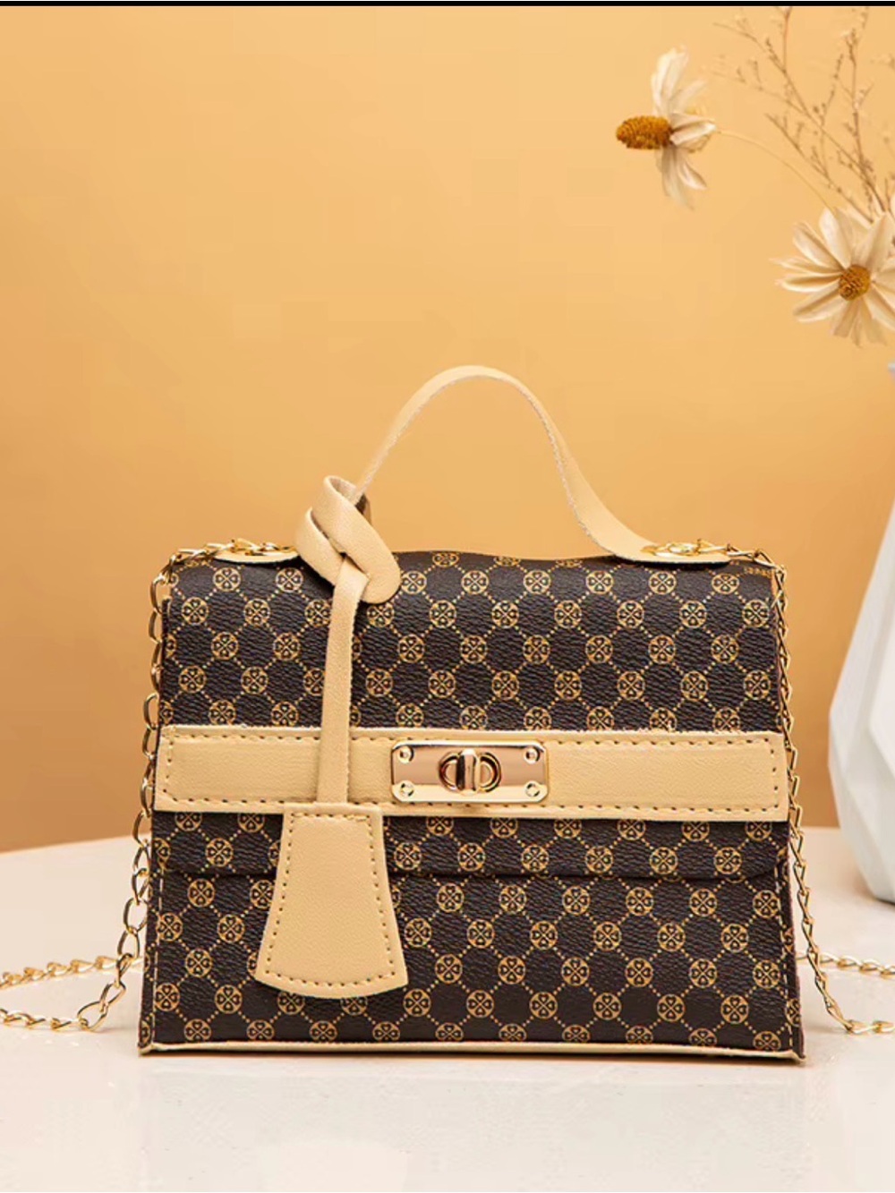 Beige and Brown Patterned Top-Handle Crossbody Bag
